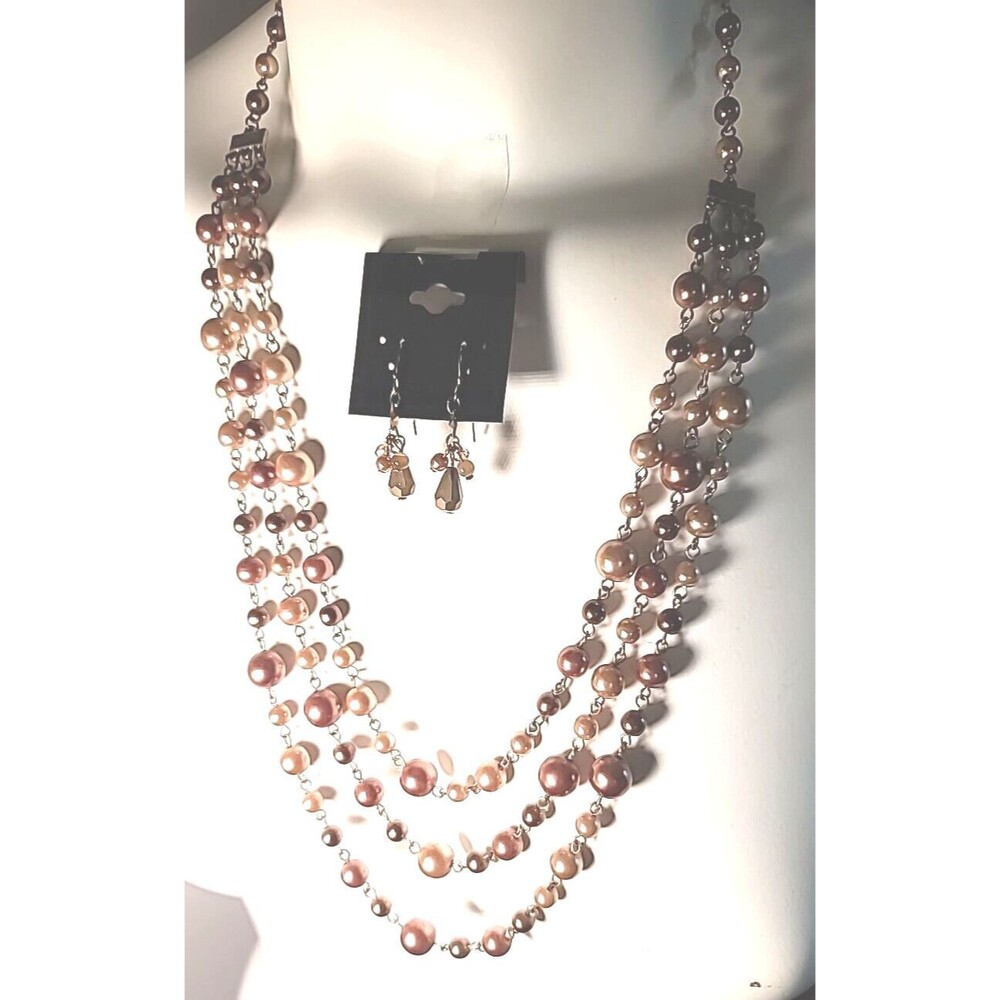 Vintage Mixed Gold Tone Beaded Multistrand Necklace Bracelet & Earrings Set